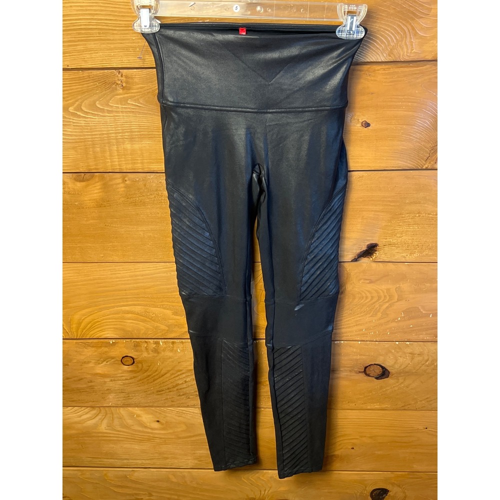 SPANX Moto Leggings Black Faux Leather High Waisted Womens‎ Med tummy control